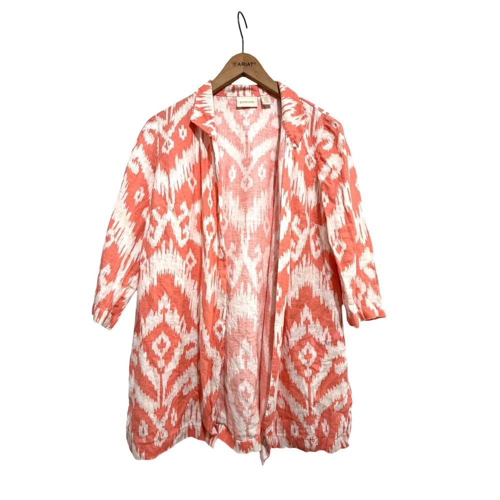 Chicos Coral White Ikat 100% Linen Open Front Longline Cardigan Jacket Size 0 S